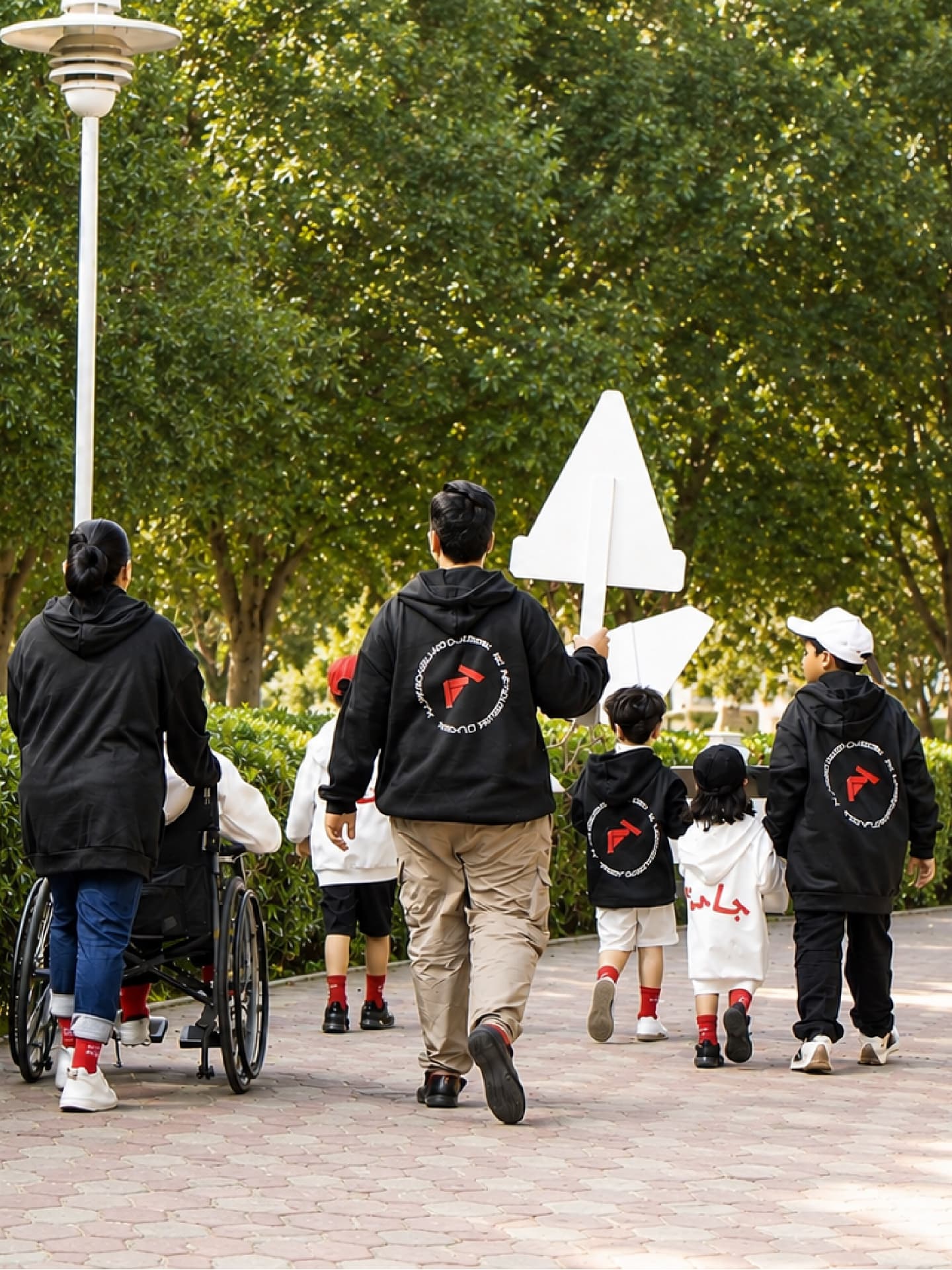 A group of JADDAH participants, including a wheelchair user, walking together along a tree-lined path in Kuwait City.