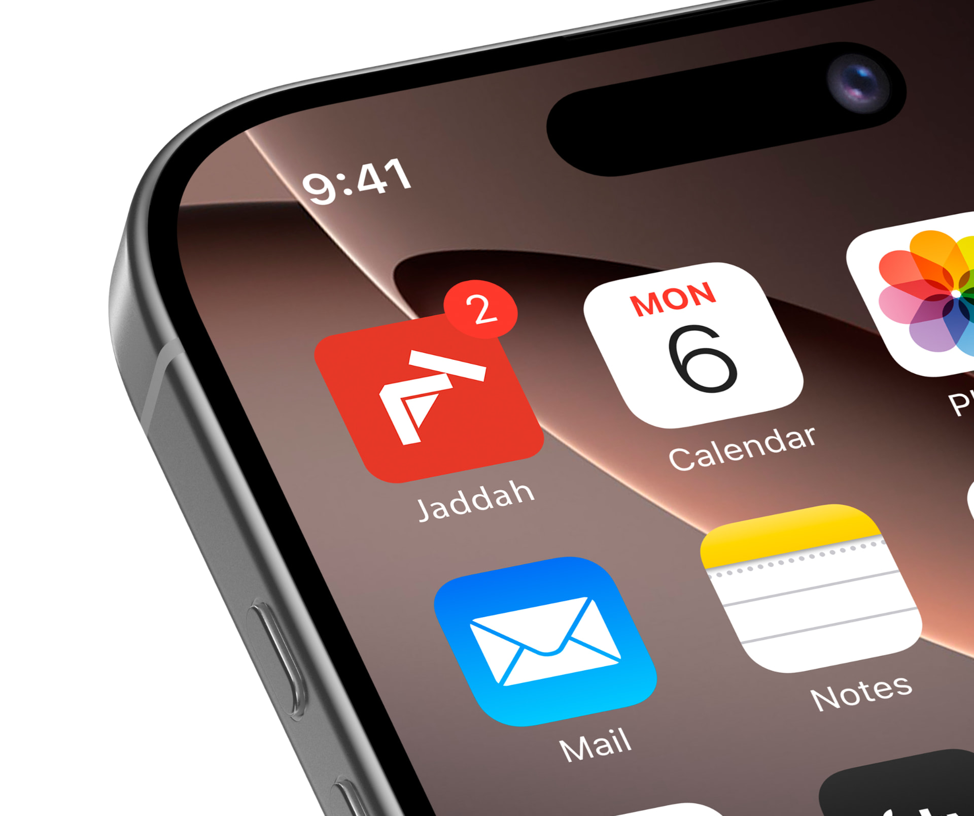 Close-up of an iPhone home screen showing the red JADDAH app icon with two notifications.