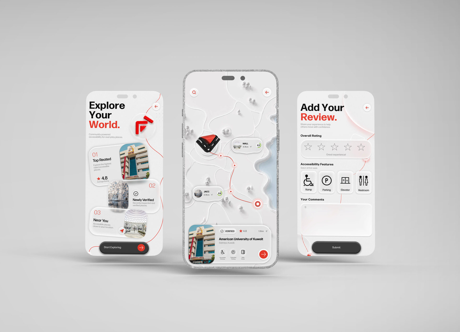 Three JADDAH app screens: Explore Your World, an accessibility map of Kuwait with rated places, and an Add Your Review form.